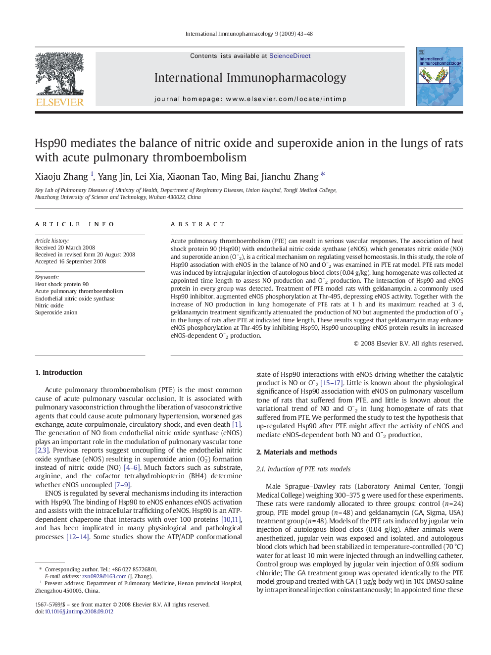 Hsp90 mediates the balance of nitric oxide and superoxide anion in the lungs of rats with acute pulmonary thromboembolism