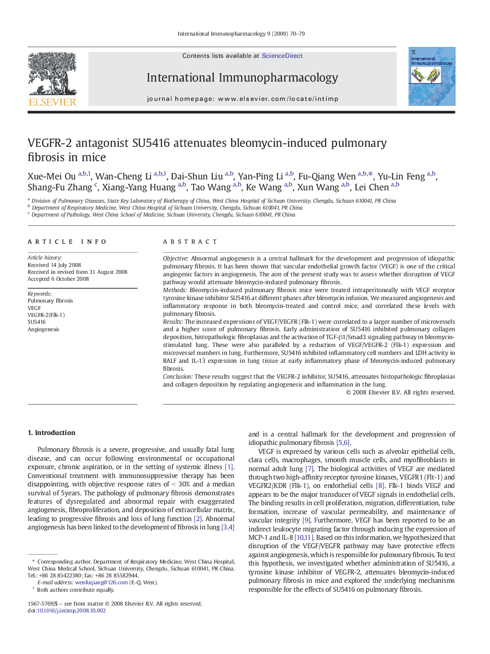 VEGFR-2 antagonist SU5416 attenuates bleomycin-induced pulmonary fibrosis in mice