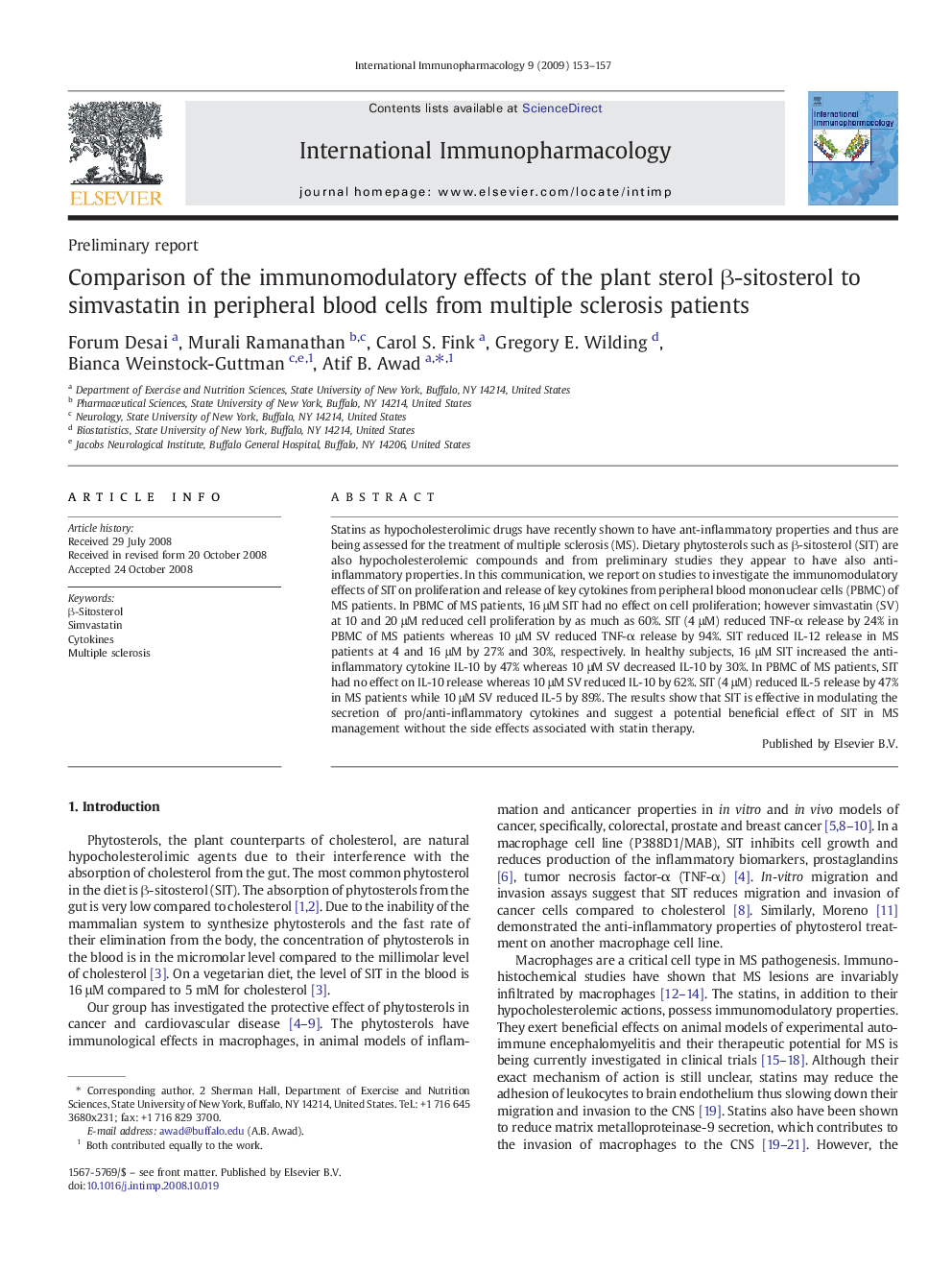 Comparison of the immunomodulatory effects of the plant sterol β-sitosterol to simvastatin in peripheral blood cells from multiple sclerosis patients