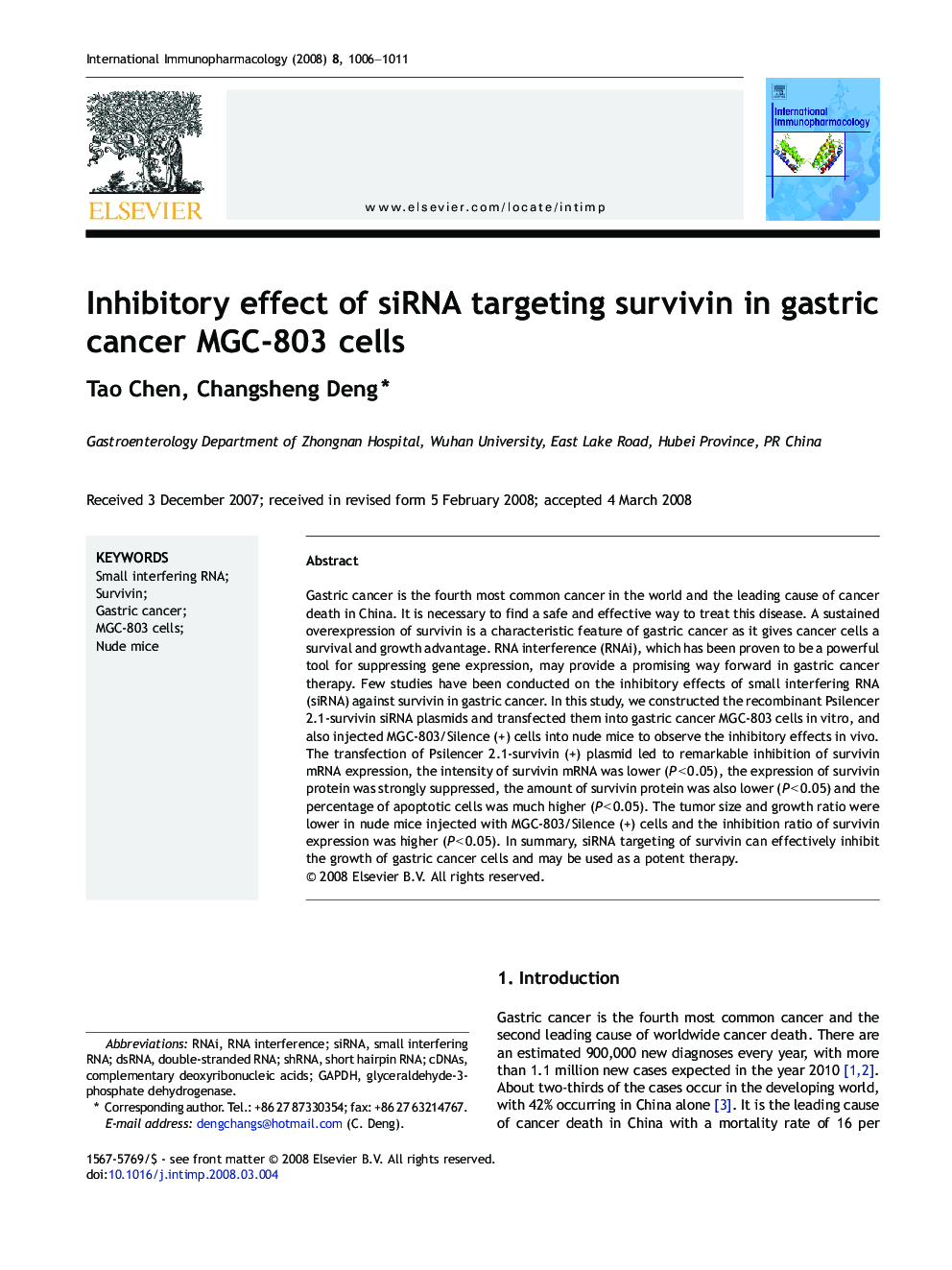 Inhibitory effect of siRNA targeting survivin in gastric cancer MGC-803 cells