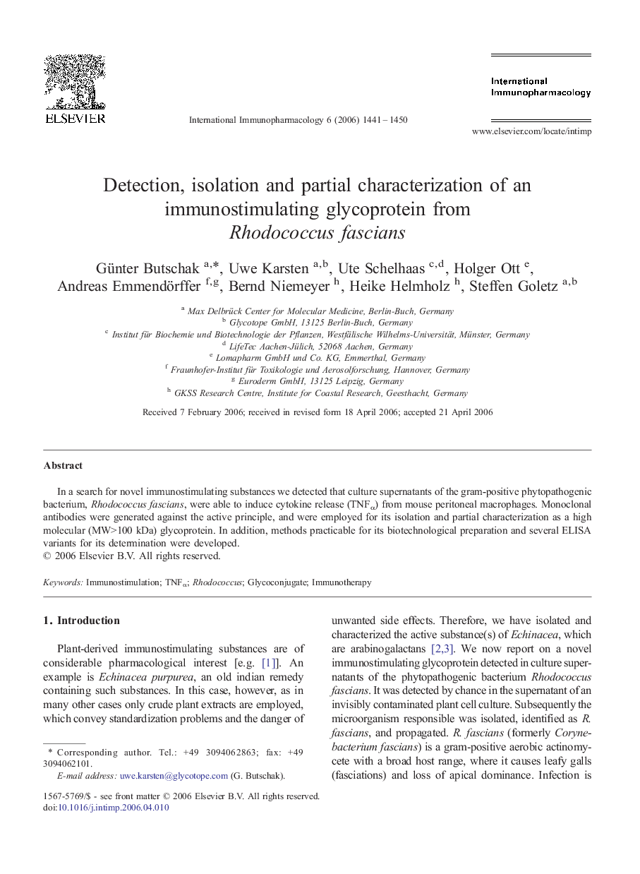 Detection, isolation and partial characterization of an immunostimulating glycoprotein from Rhodococcus fascians