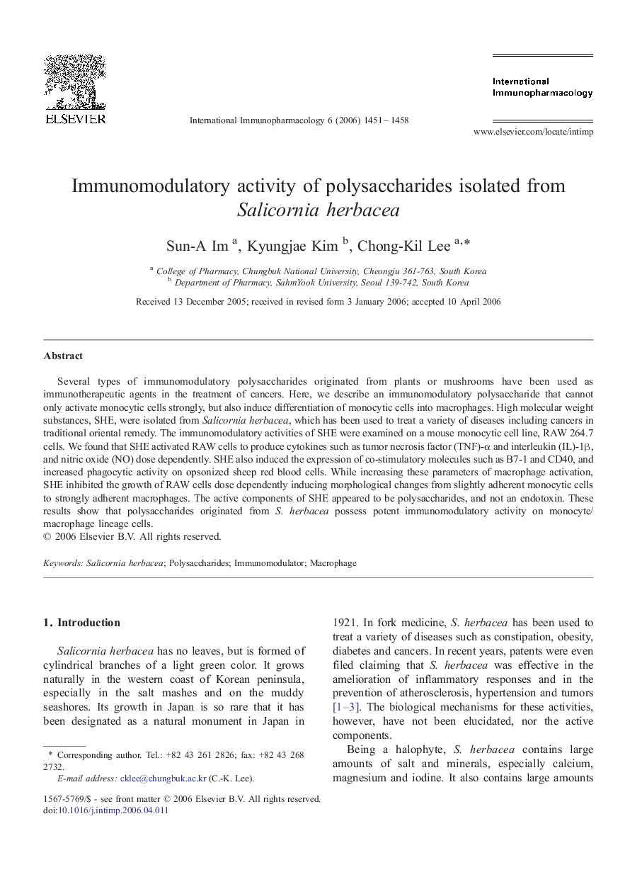 Immunomodulatory activity of polysaccharides isolated from Salicornia herbacea