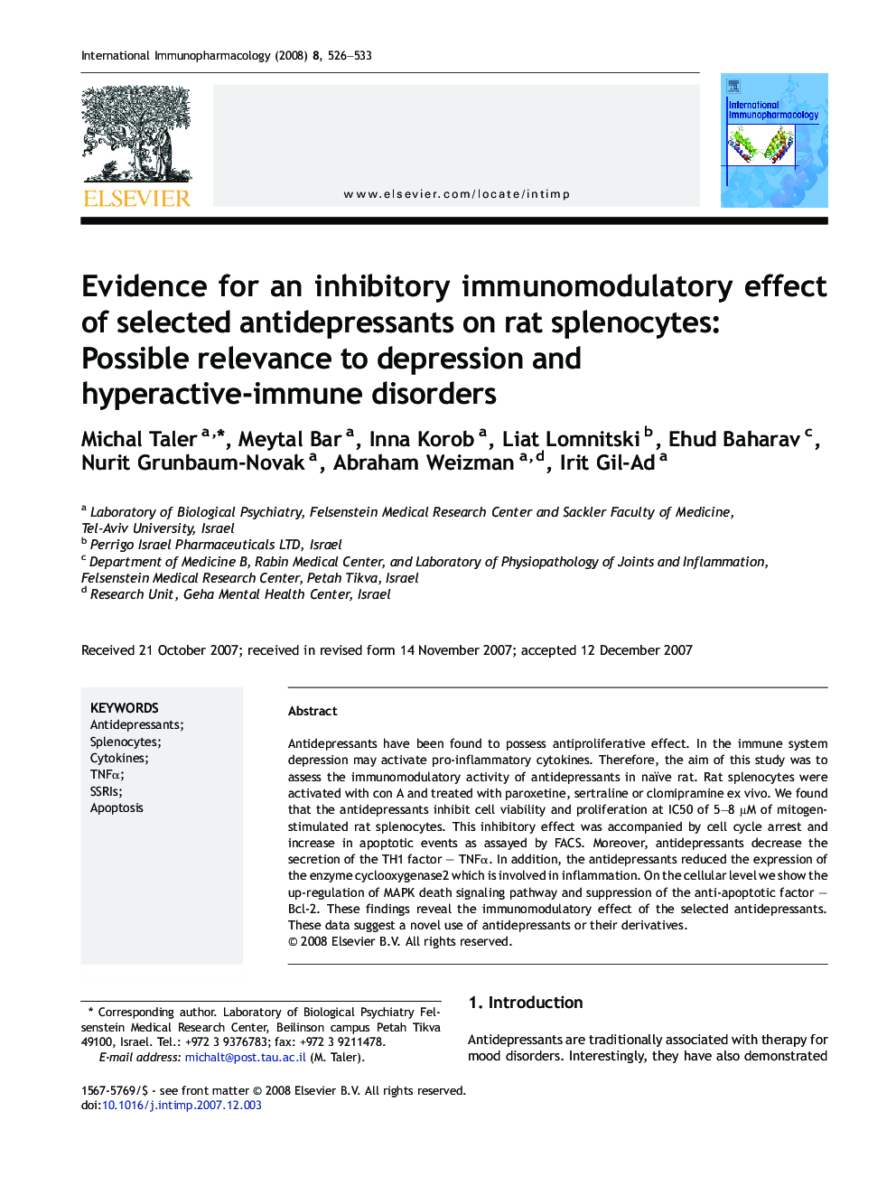 Evidence for an inhibitory immunomodulatory effect of selected antidepressants on rat splenocytes: Possible relevance to depression and hyperactive-immune disorders