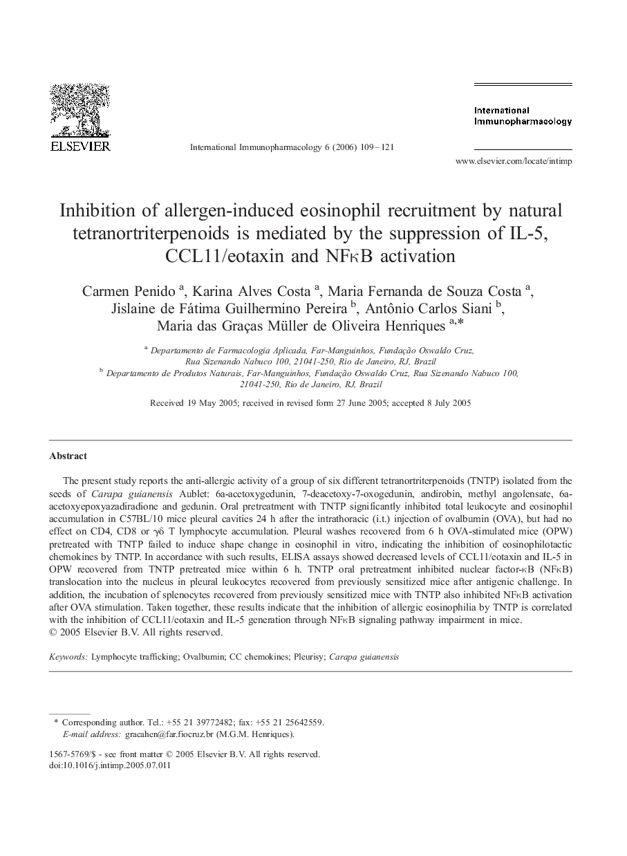 Inhibition of allergen-induced eosinophil recruitment by natural tetranortriterpenoids is mediated by the suppression of IL-5, CCL11/eotaxin and NFκB activation