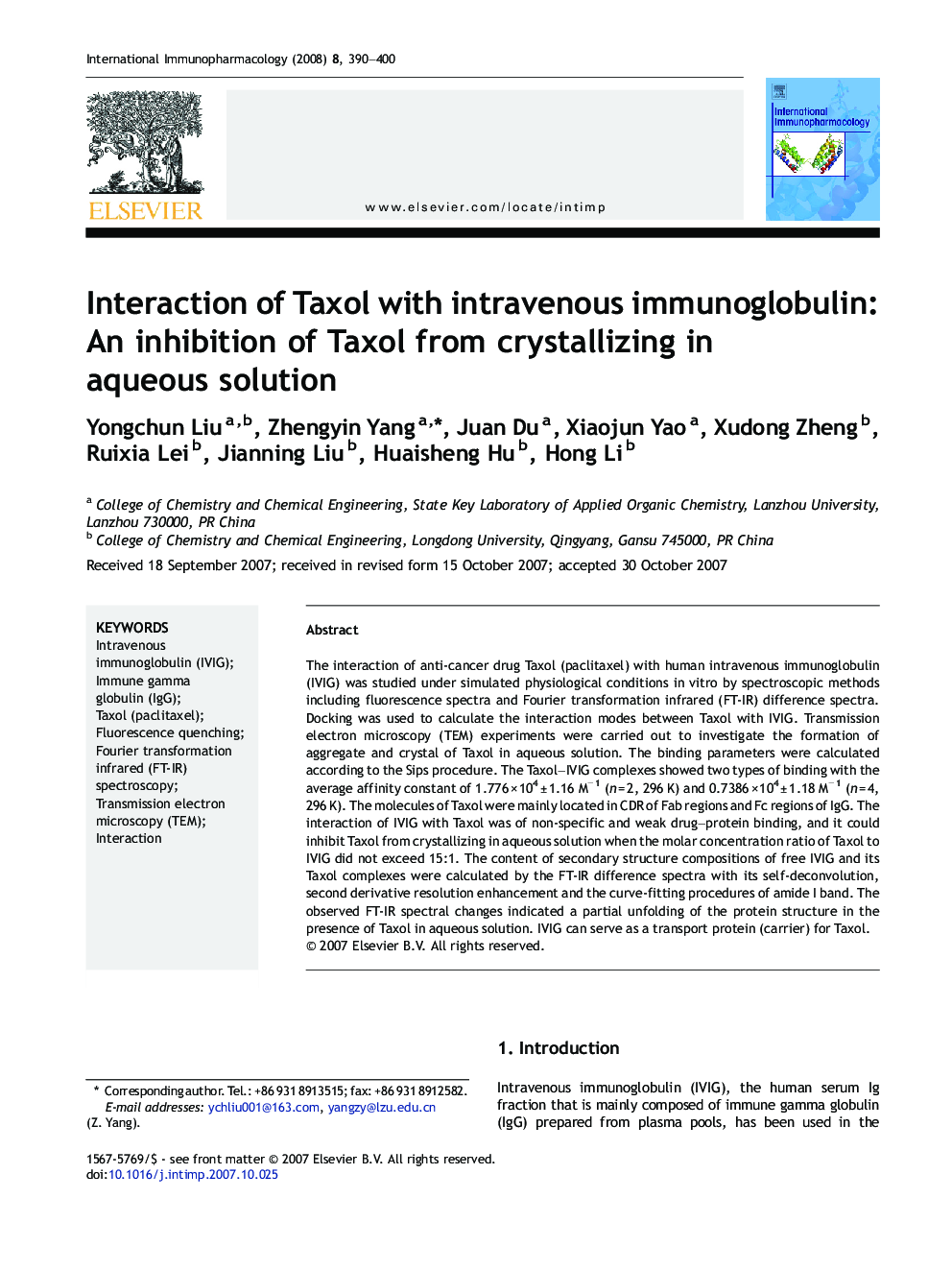 Interaction of Taxol with intravenous immunoglobulin: An inhibition of Taxol from crystallizing in aqueous solution