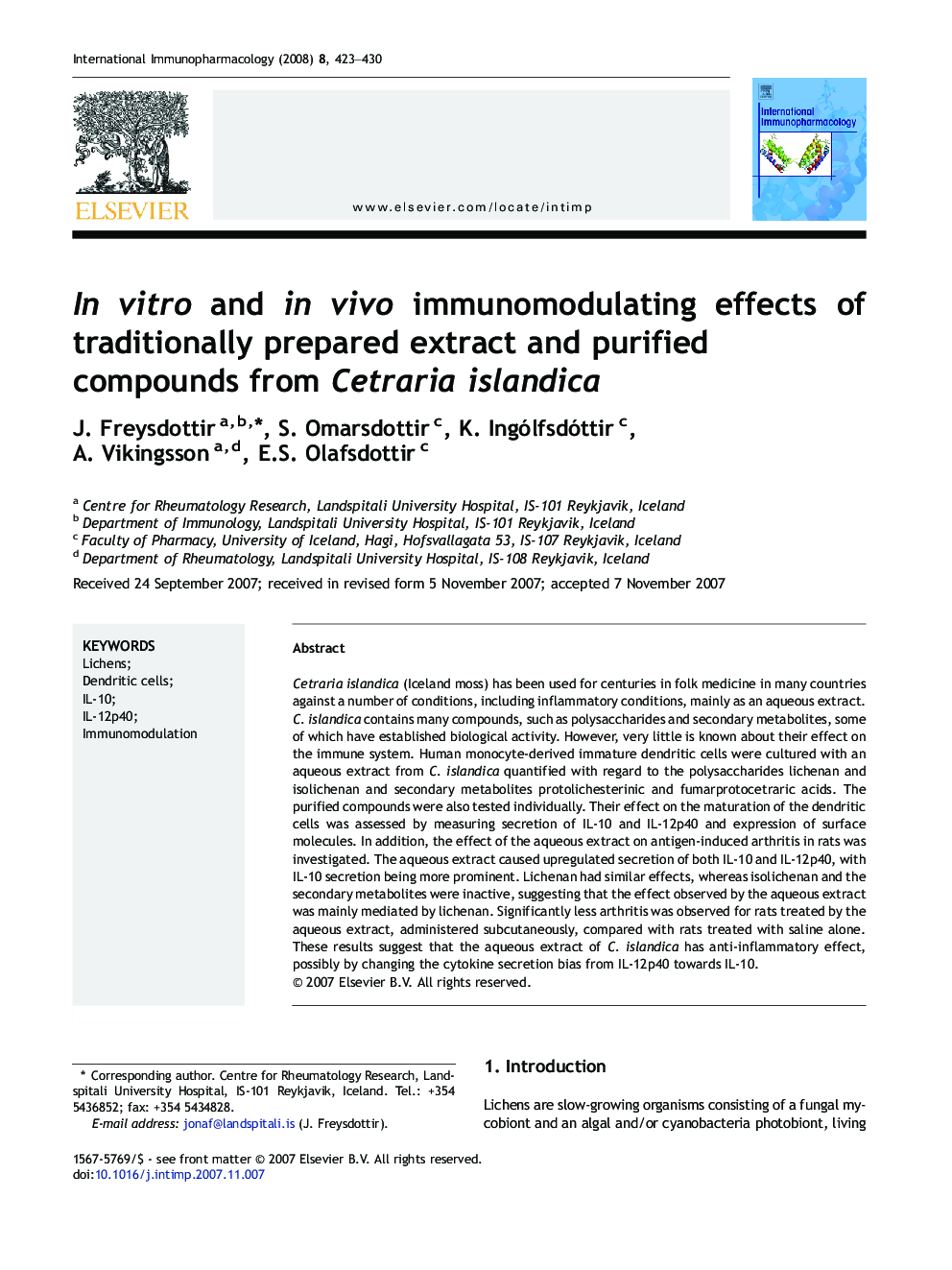 In vitro and in vivo immunomodulating effects of traditionally prepared extract and purified compounds from Cetraria islandica