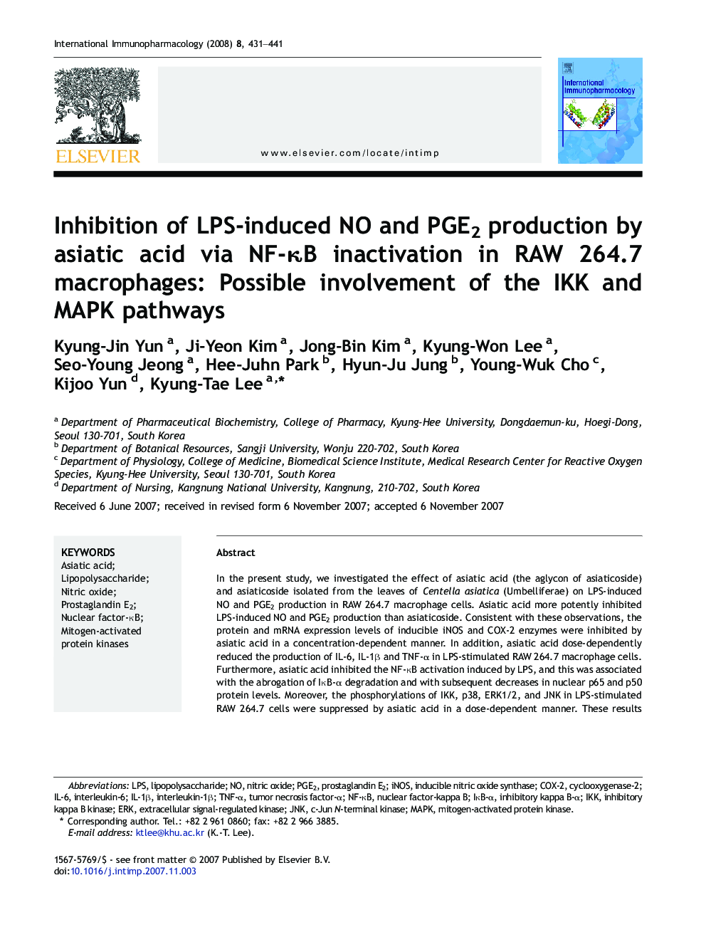Inhibition of LPS-induced NO and PGE2 production by asiatic acid via NF-κB inactivation in RAW 264.7 macrophages: Possible involvement of the IKK and MAPK pathways