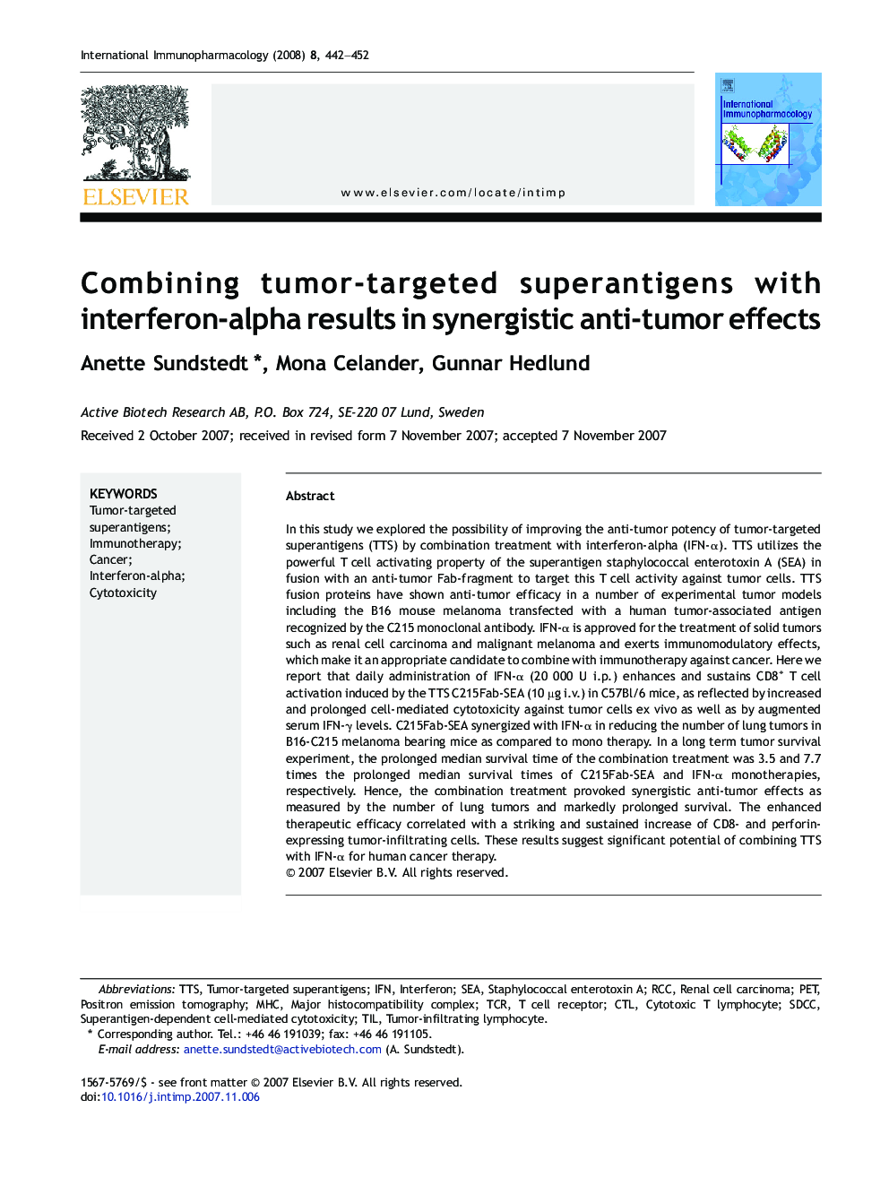 Combining tumor-targeted superantigens with interferon-alpha results in synergistic anti-tumor effects