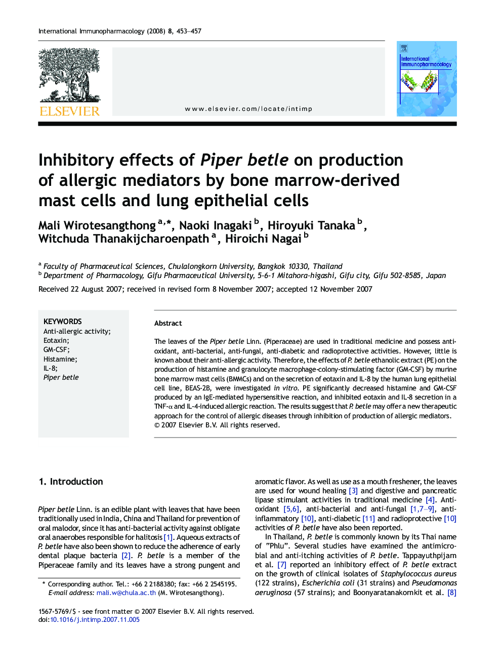 Inhibitory effects of Piper betle on production of allergic mediators by bone marrow-derived mast cells and lung epithelial cells