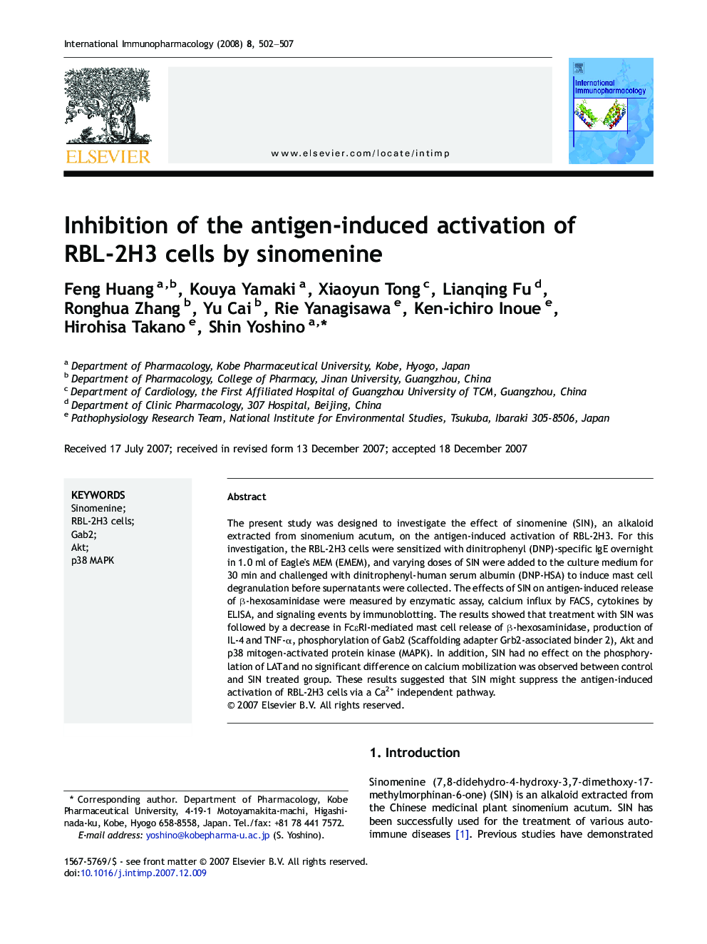 Inhibition of the antigen-induced activation of RBL-2H3 cells by sinomenine