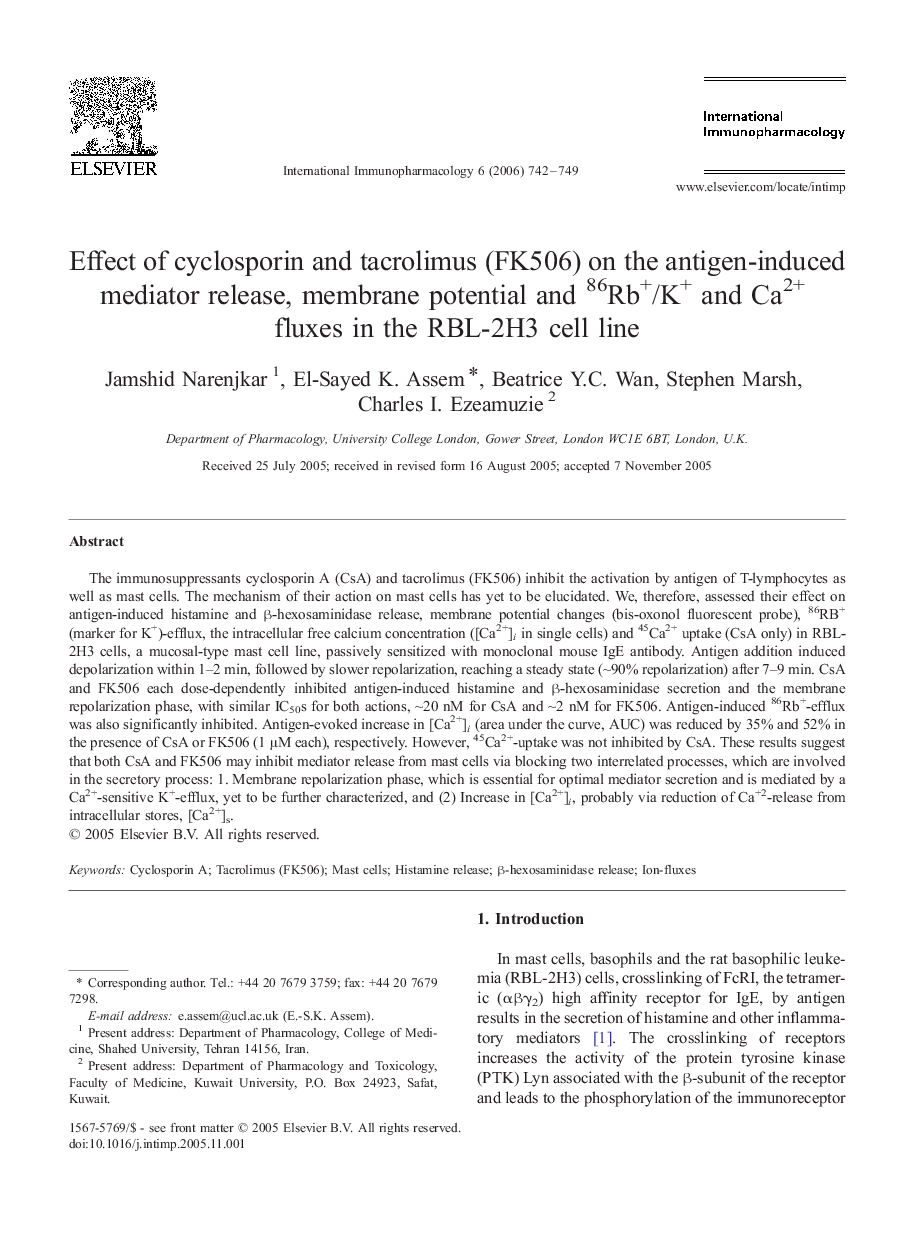 Effect of cyclosporin and tacrolimus (FK506) on the antigen-induced mediator release, membrane potential and 86Rb+/K+ and Ca2+ fluxes in the RBL-2H3 cell line