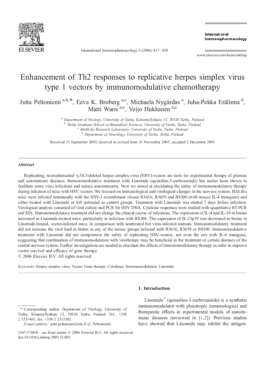 Enhancement of Th2 responses to replicative herpes simplex virus type 1 vectors by immunomodulative chemotherapy