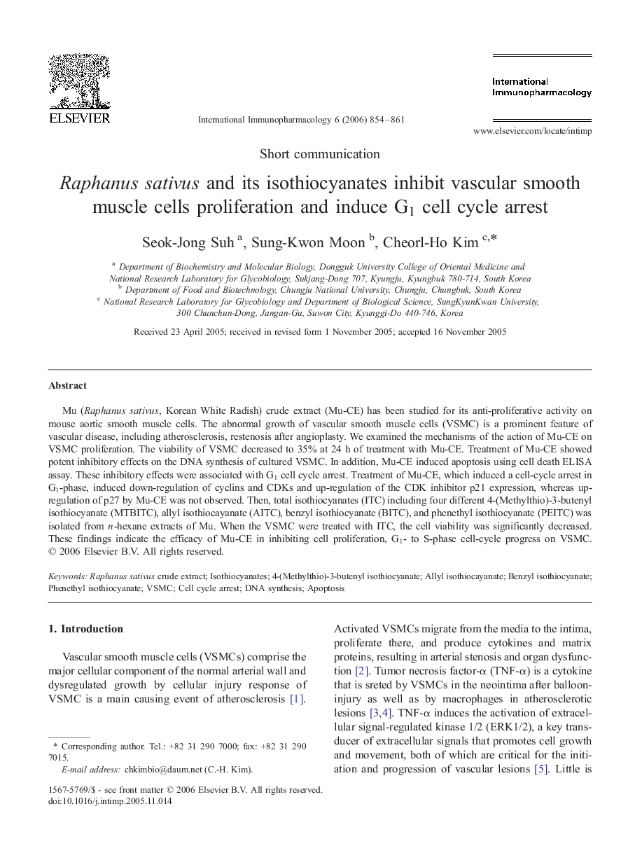 Raphanus sativus and its isothiocyanates inhibit vascular smooth muscle cells proliferation and induce G1 cell cycle arrest