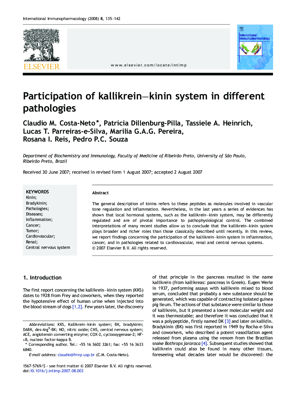 Participation of kallikrein–kinin system in different pathologies