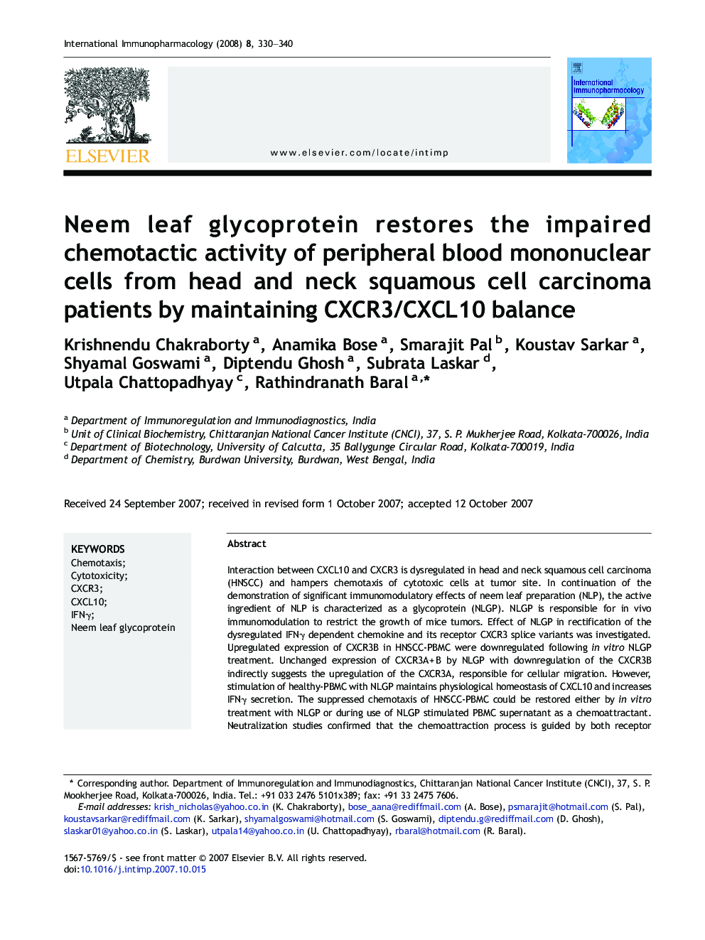 Neem leaf glycoprotein restores the impaired chemotactic activity of peripheral blood mononuclear cells from head and neck squamous cell carcinoma patients by maintaining CXCR3/CXCL10 balance