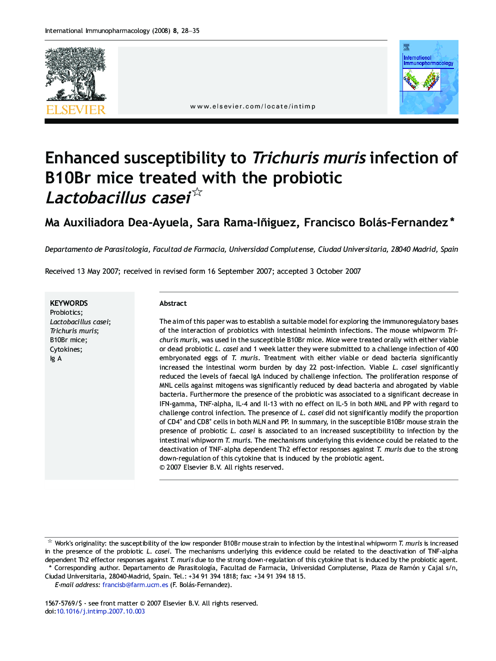 Enhanced susceptibility to Trichuris muris infection of B10Br mice treated with the probiotic Lactobacillus casei 