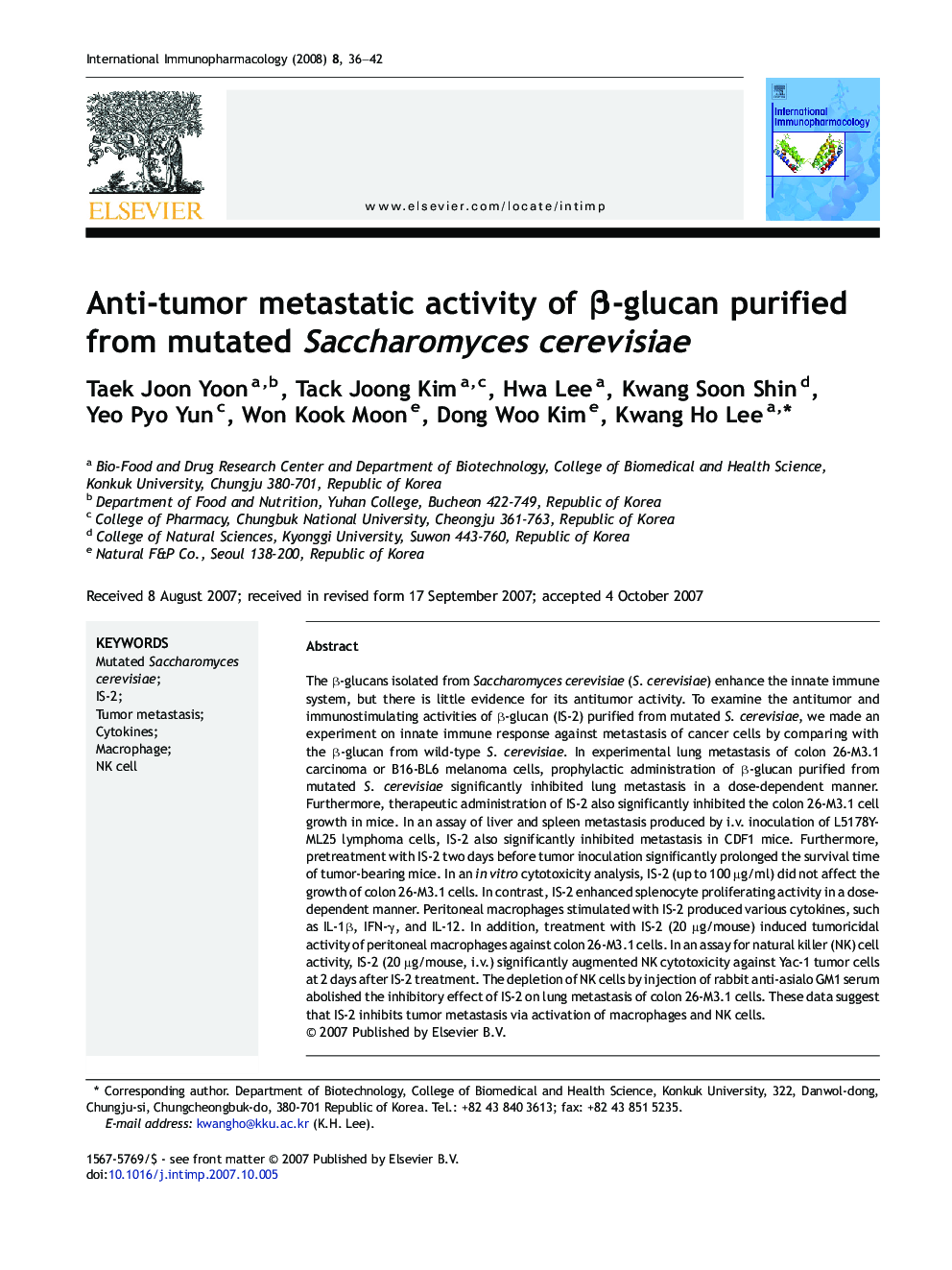 Anti-tumor metastatic activity of β-glucan purified from mutated Saccharomyces cerevisiae