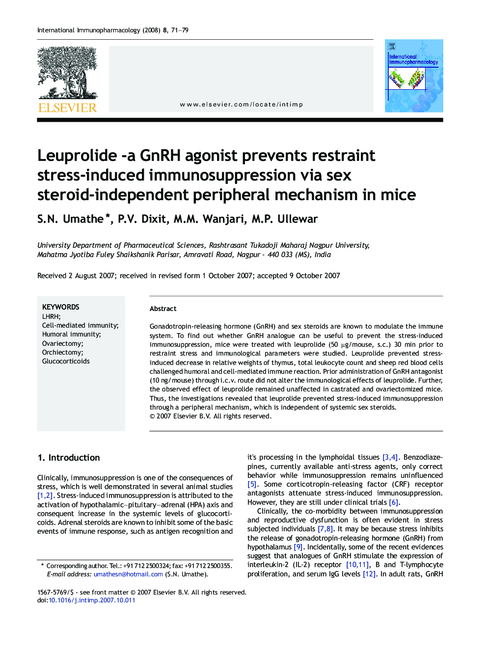 Leuprolide -a GnRH agonist prevents restraint stress-induced immunosuppression via sex steroid-independent peripheral mechanism in mice