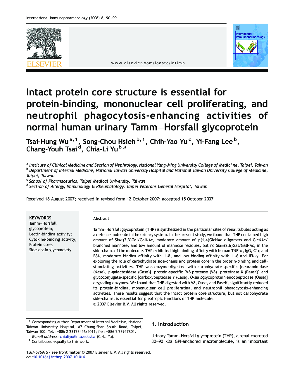 Intact protein core structure is essential for protein-binding, mononuclear cell proliferating, and neutrophil phagocytosis-enhancing activities of normal human urinary Tamm–Horsfall glycoprotein