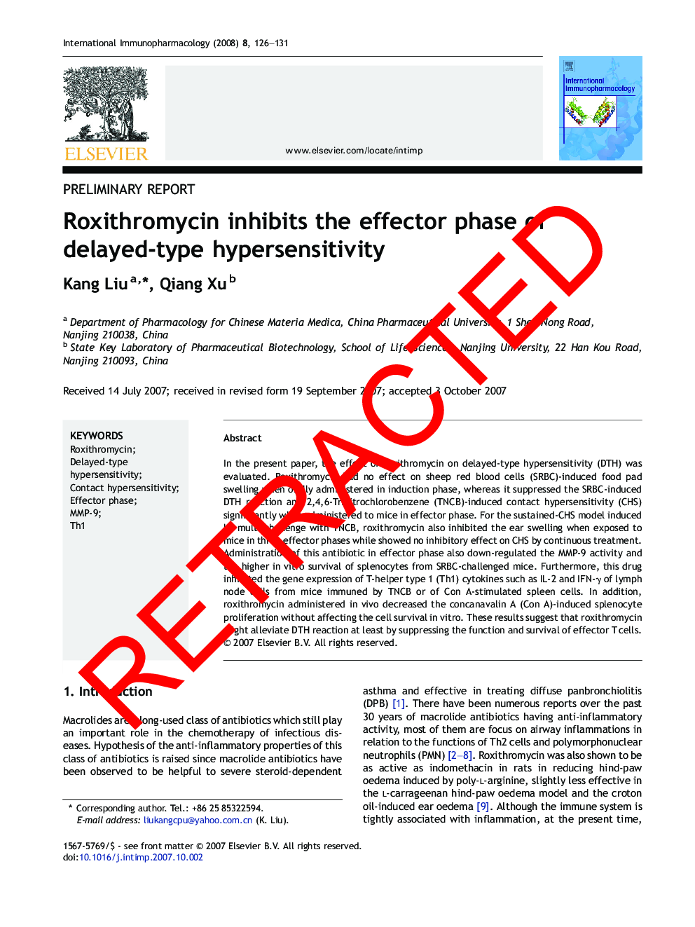 RETRACTED: Roxithromycin inhibits the effector phase of delayed-type hypersensitivity