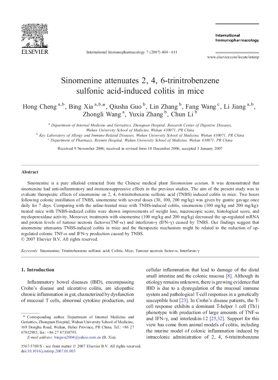 Sinomenine attenuates 2, 4, 6-trinitrobenzene sulfonic acid-induced colitis in mice