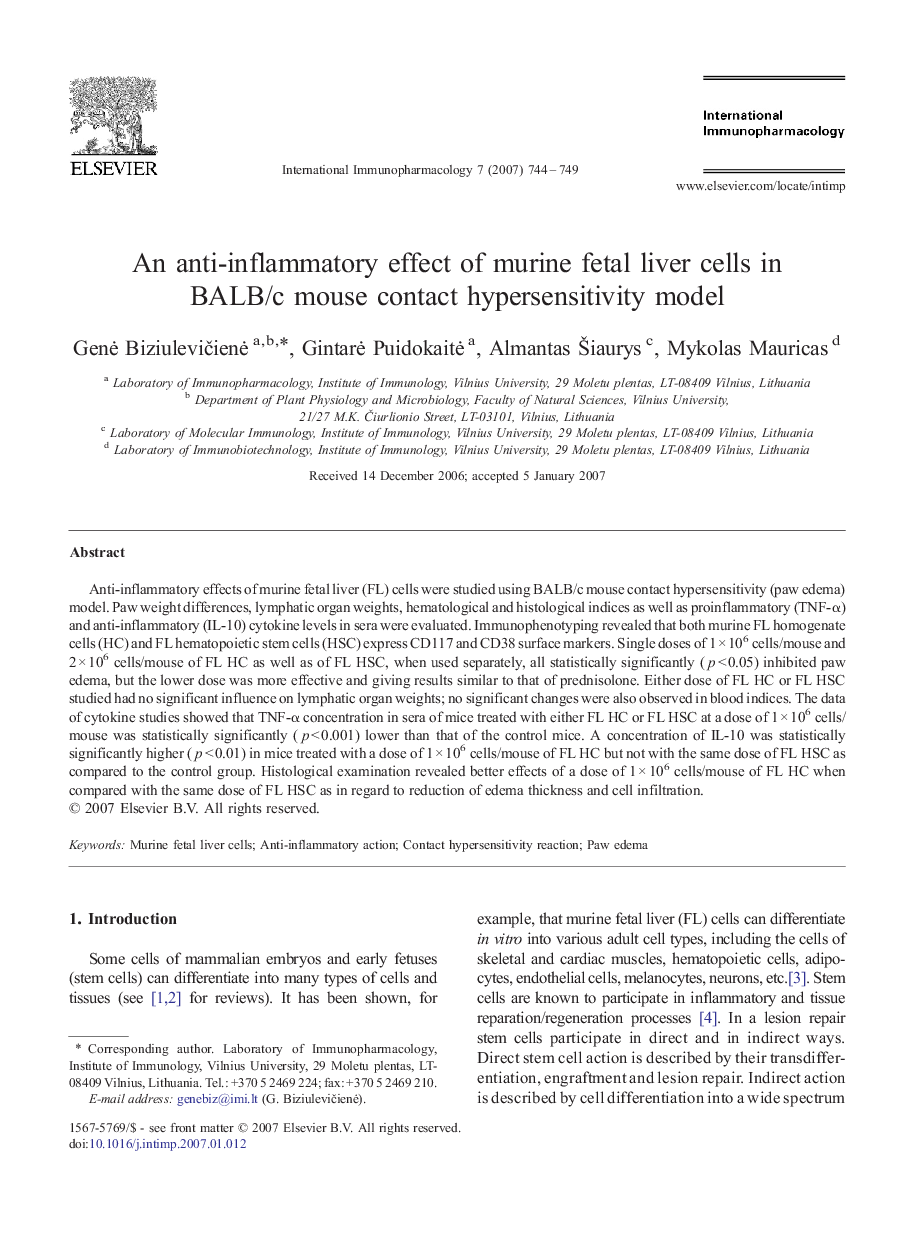 An anti-inflammatory effect of murine fetal liver cells in BALB/c mouse contact hypersensitivity model