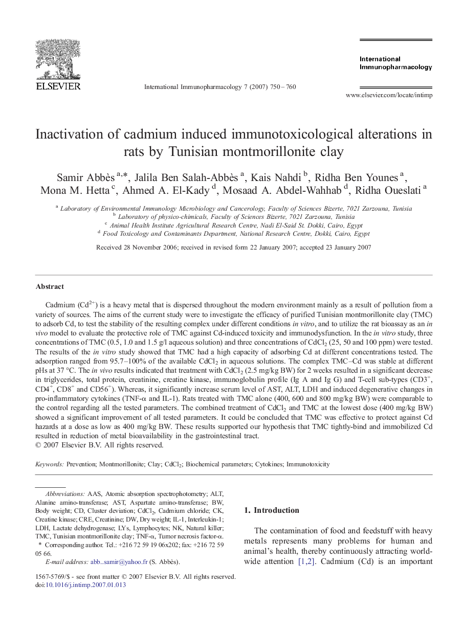 Inactivation of cadmium induced immunotoxicological alterations in rats by Tunisian montmorillonite clay