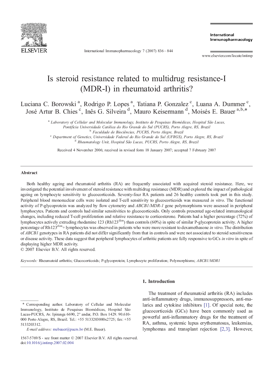 Is steroid resistance related to multidrug resistance-I (MDR-I) in rheumatoid arthritis?