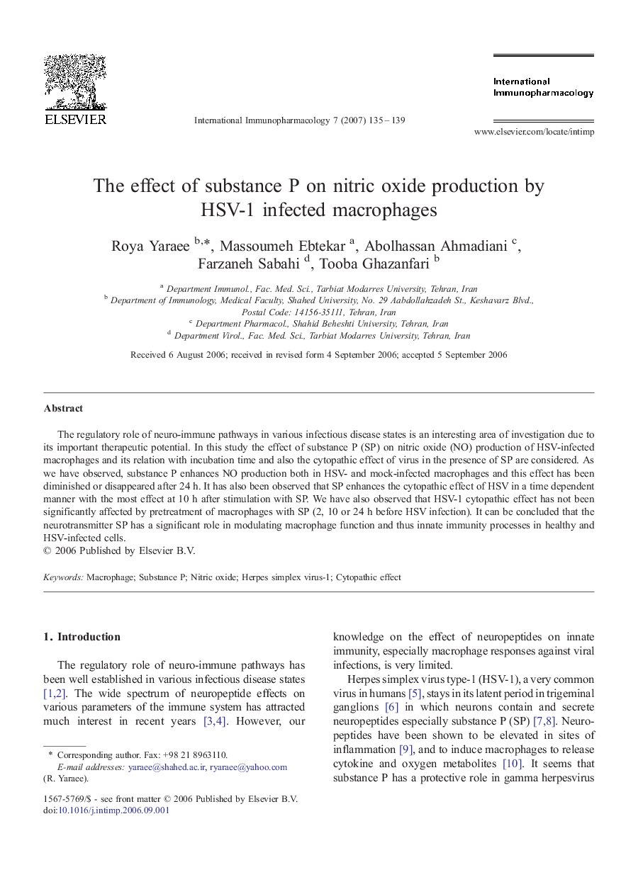 The effect of substance P on nitric oxide production by HSV-1 infected macrophages