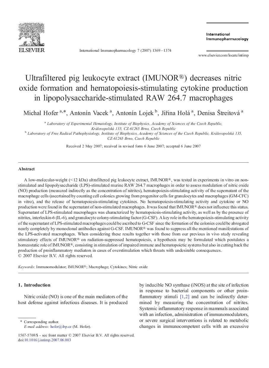 Ultrafiltered pig leukocyte extract (IMUNOR®) decreases nitric oxide formation and hematopoiesis-stimulating cytokine production in lipopolysaccharide-stimulated RAW 264.7 macrophages