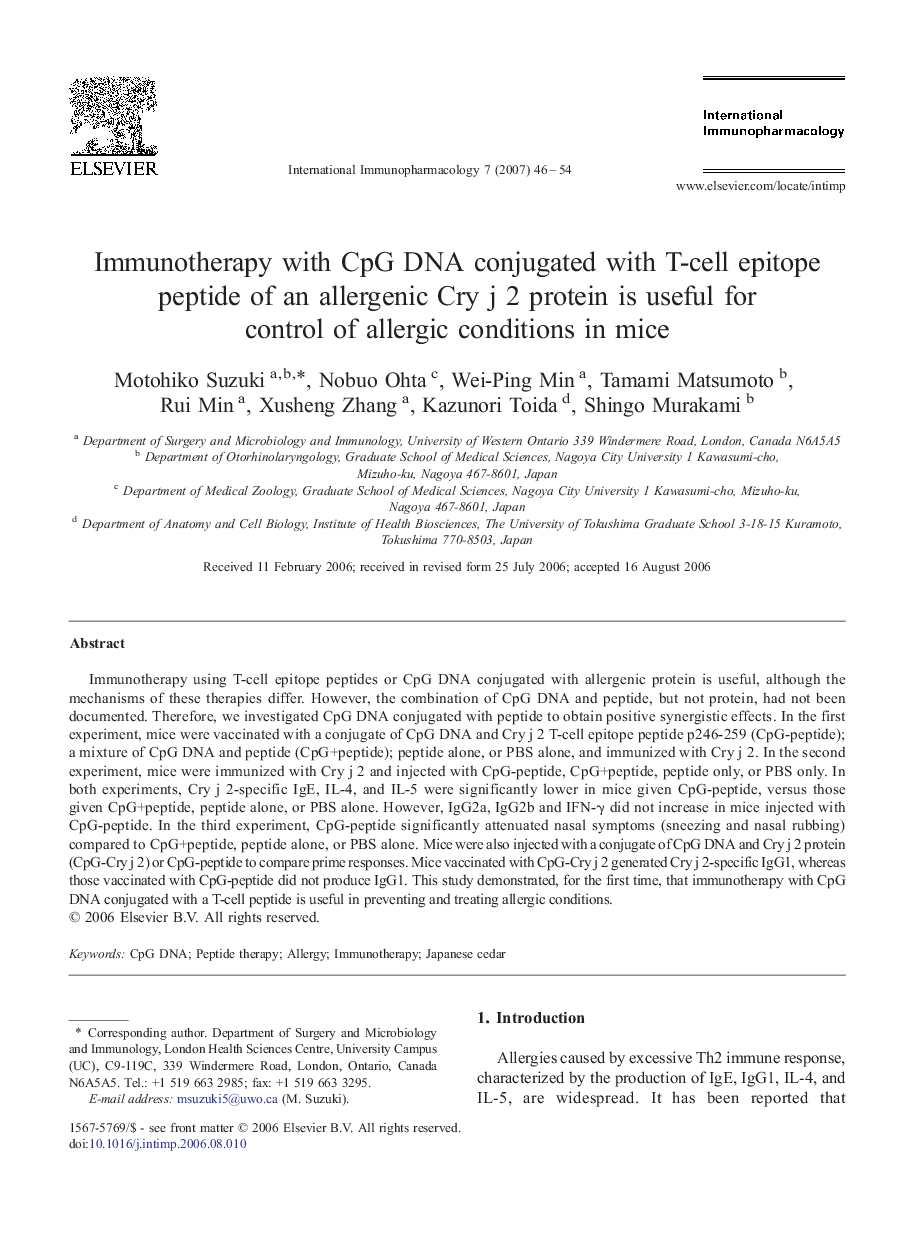 Immunotherapy with CpG DNA conjugated with T-cell epitope peptide of an allergenic Cry j 2 protein is useful for control of allergic conditions in mice