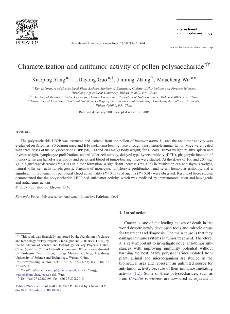 Characterization and antitumor activity of pollen polysaccharide