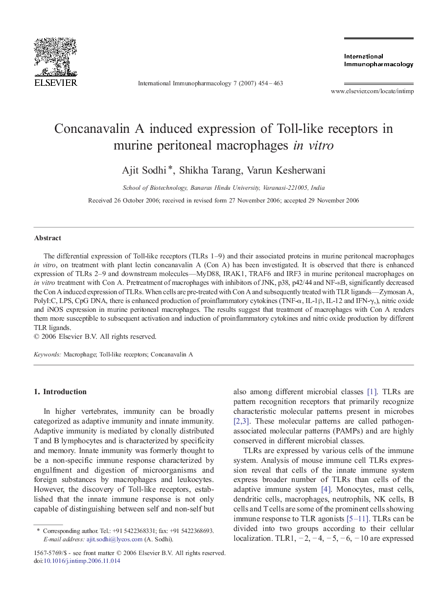 Concanavalin A induced expression of Toll-like receptors in murine peritoneal macrophages in vitro