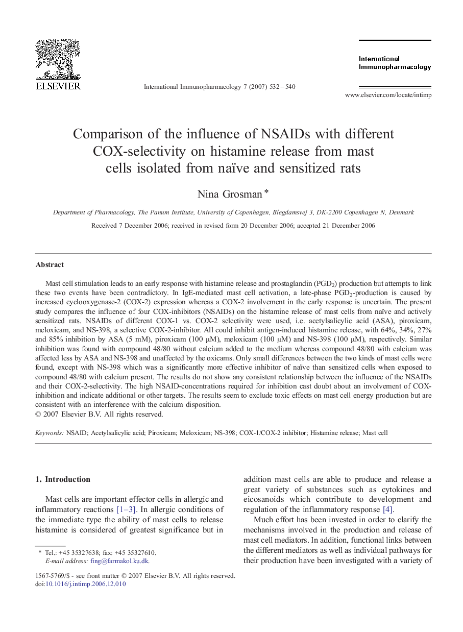 Comparison of the influence of NSAIDs with different COX-selectivity on histamine release from mast cells isolated from naïve and sensitized rats