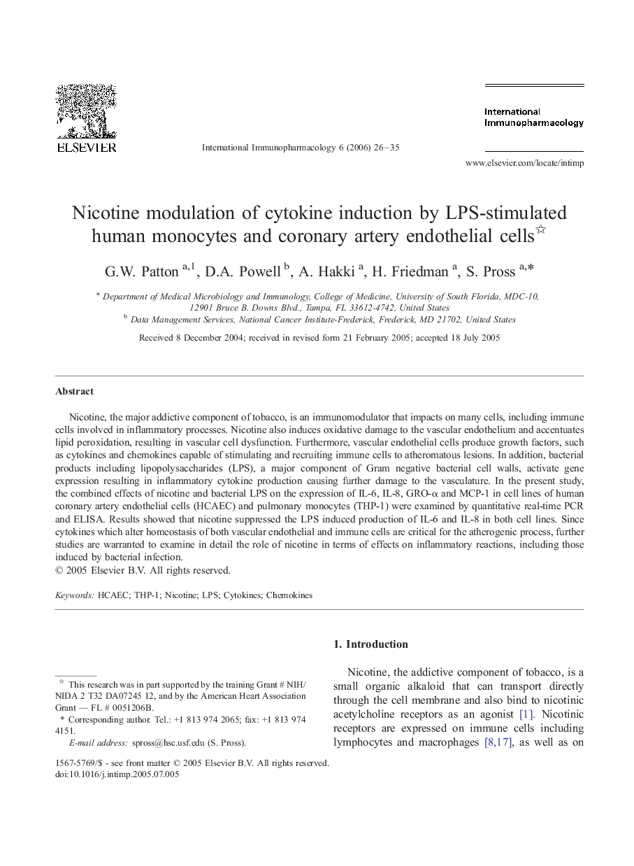 Nicotine modulation of cytokine induction by LPS-stimulated human monocytes and coronary artery endothelial cells 