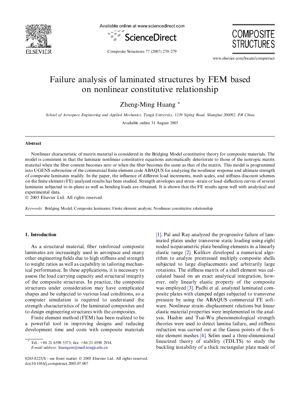 Failure analysis of laminated structures by FEM based on nonlinear constitutive relationship