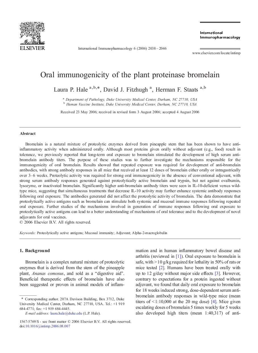 Oral immunogenicity of the plant proteinase bromelain