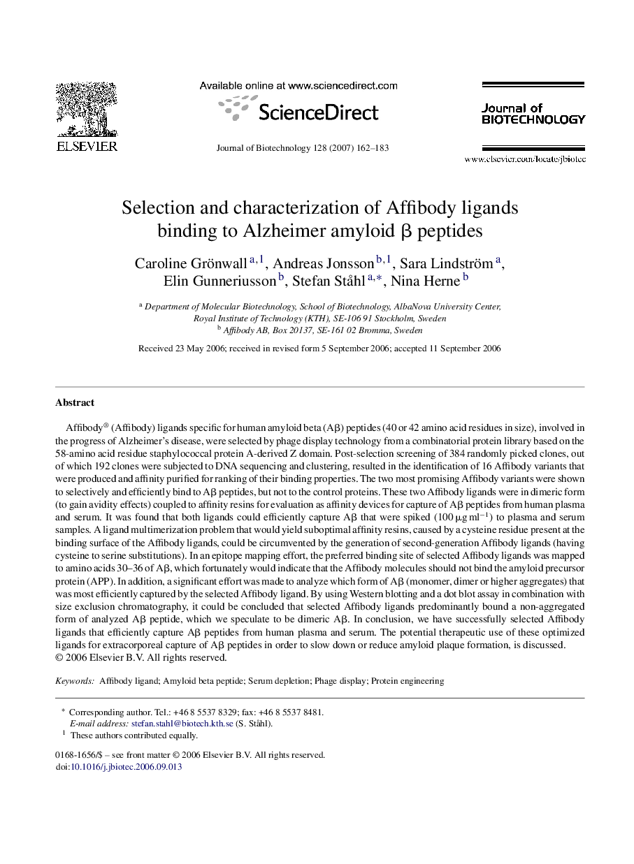 Selection and characterization of Affibody ligands binding to Alzheimer amyloid β peptides