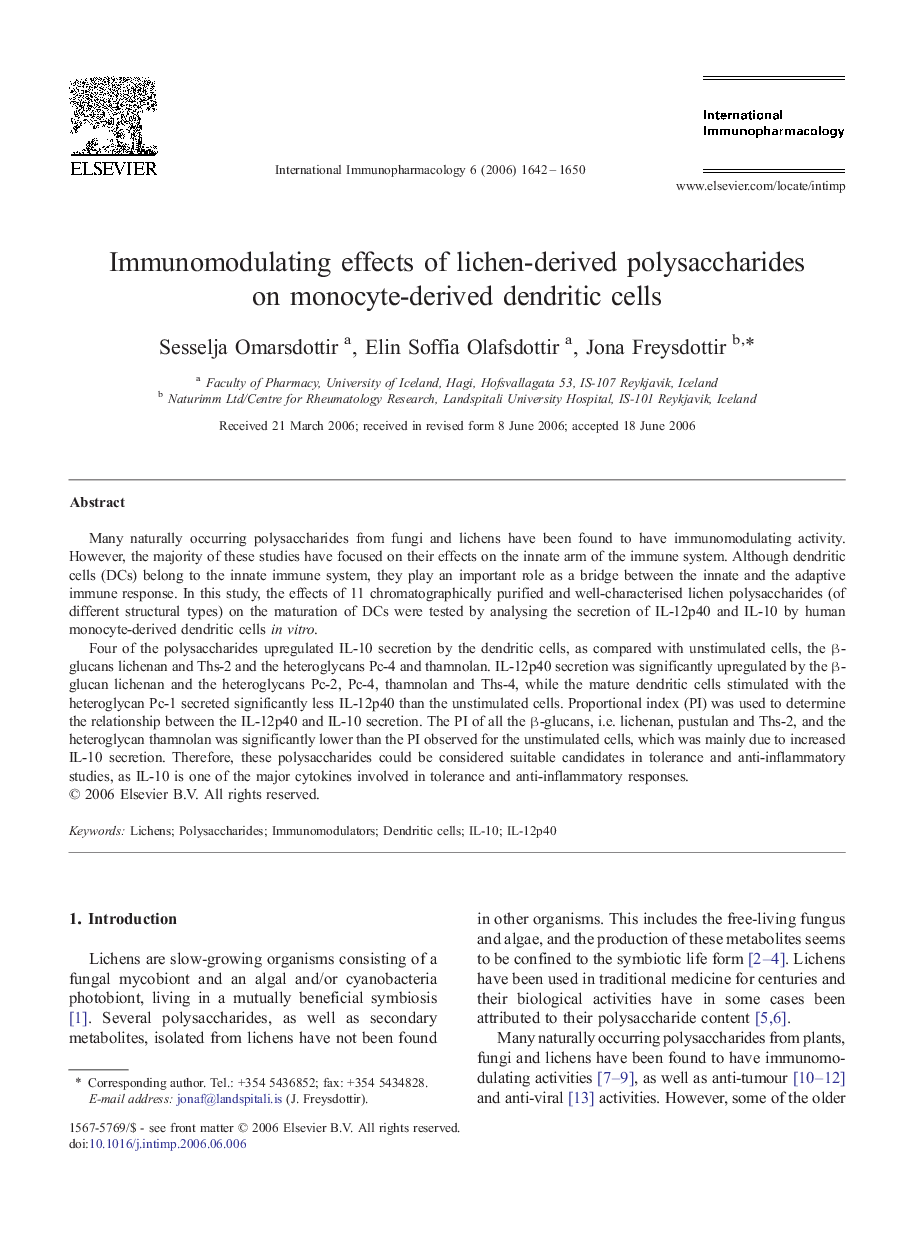 Immunomodulating effects of lichen-derived polysaccharides on monocyte-derived dendritic cells