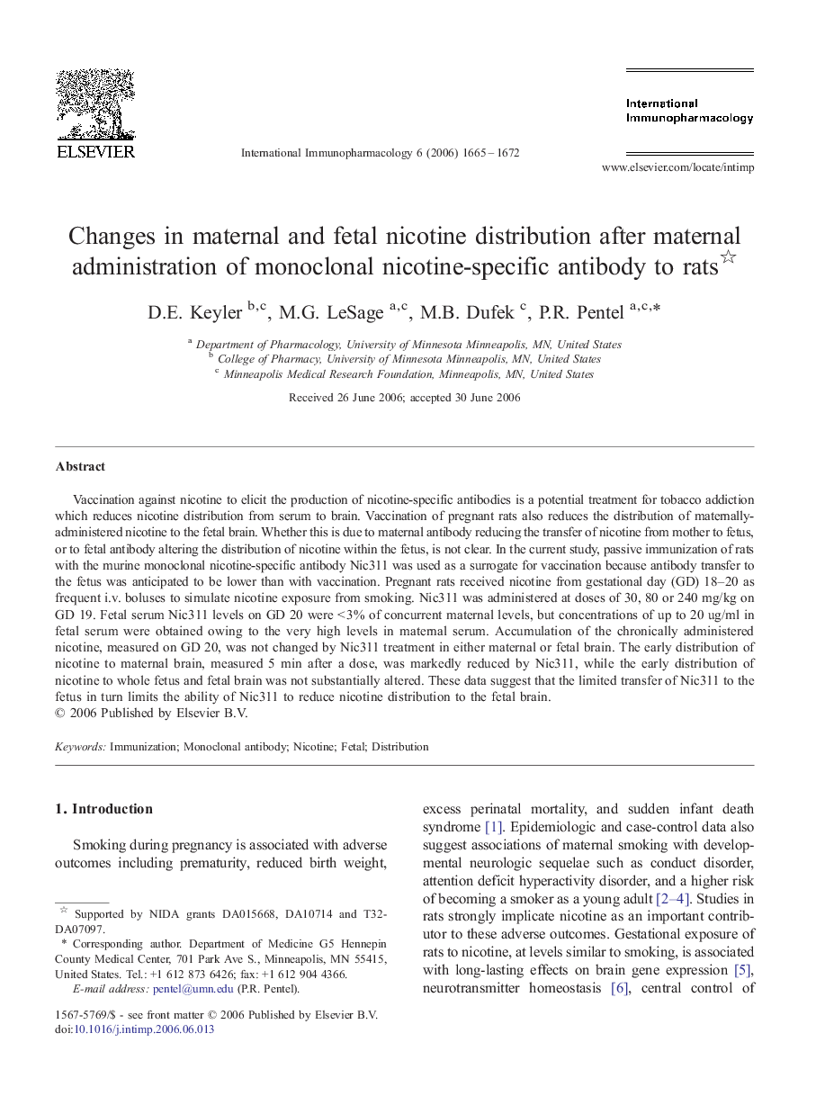 Changes in maternal and fetal nicotine distribution after maternal administration of monoclonal nicotine-specific antibody to rats 