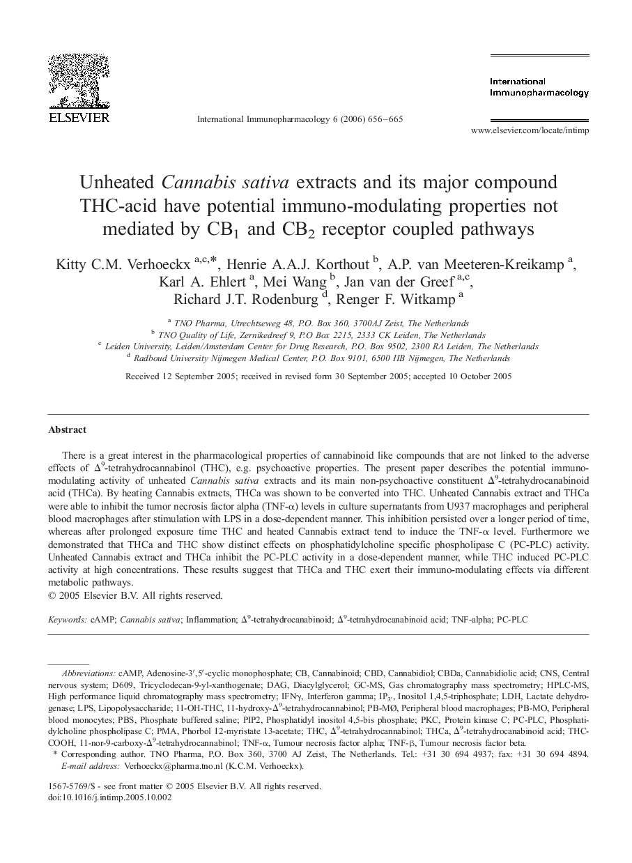 Unheated Cannabis sativa extracts and its major compound THC-acid have potential immuno-modulating properties not mediated by CB1 and CB2 receptor coupled pathways