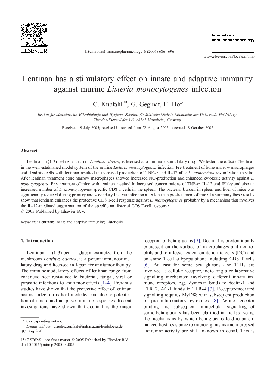 Lentinan has a stimulatory effect on innate and adaptive immunity against murine Listeria monocytogenes infection