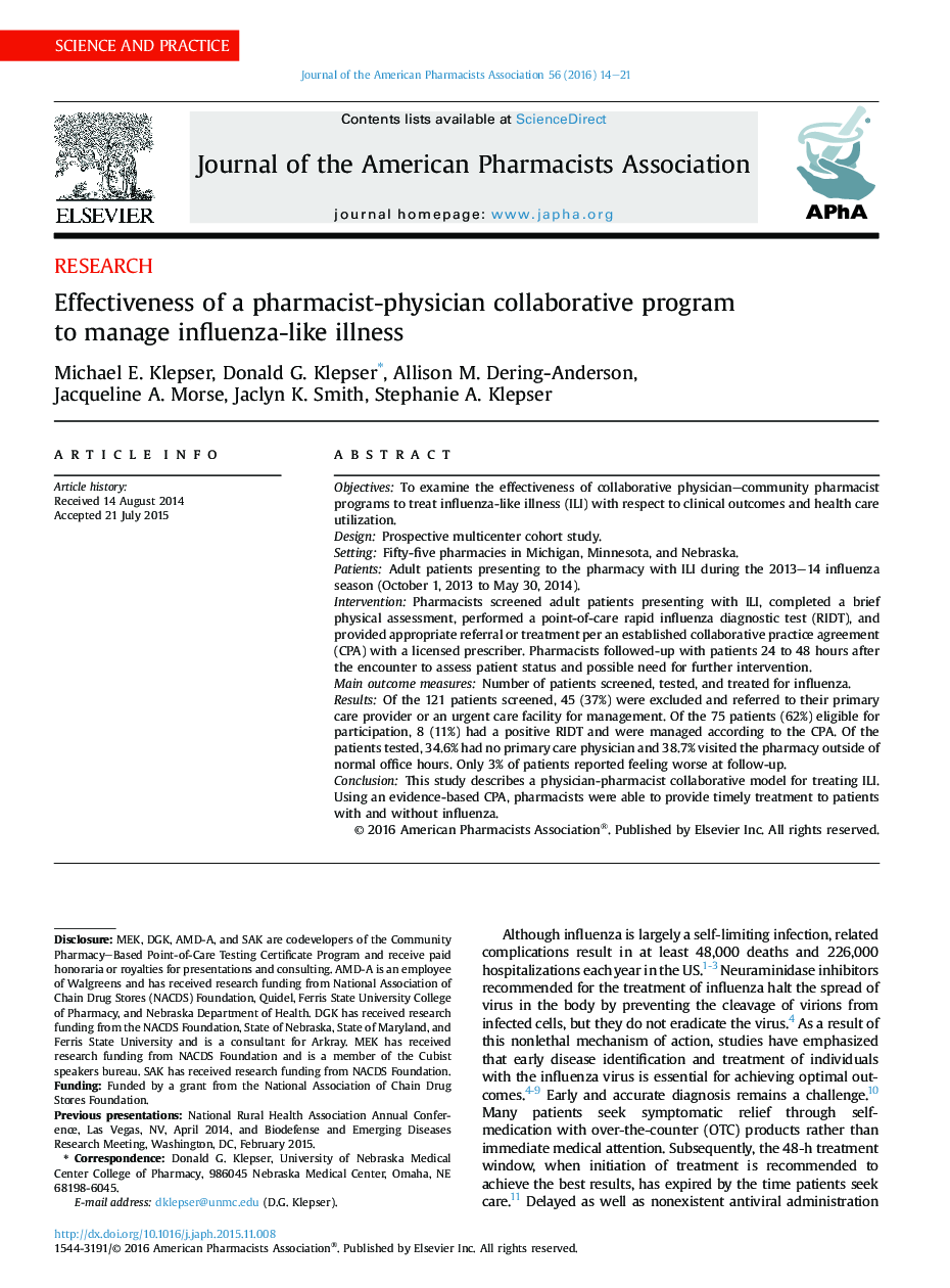 Effectiveness of a pharmacist-physician collaborative program to manage influenza-like illness 
