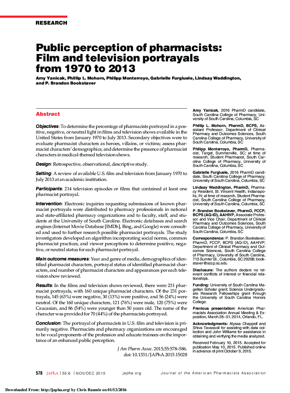 Public perception of pharmacists: Film and television portrayals from 1970 to 2013