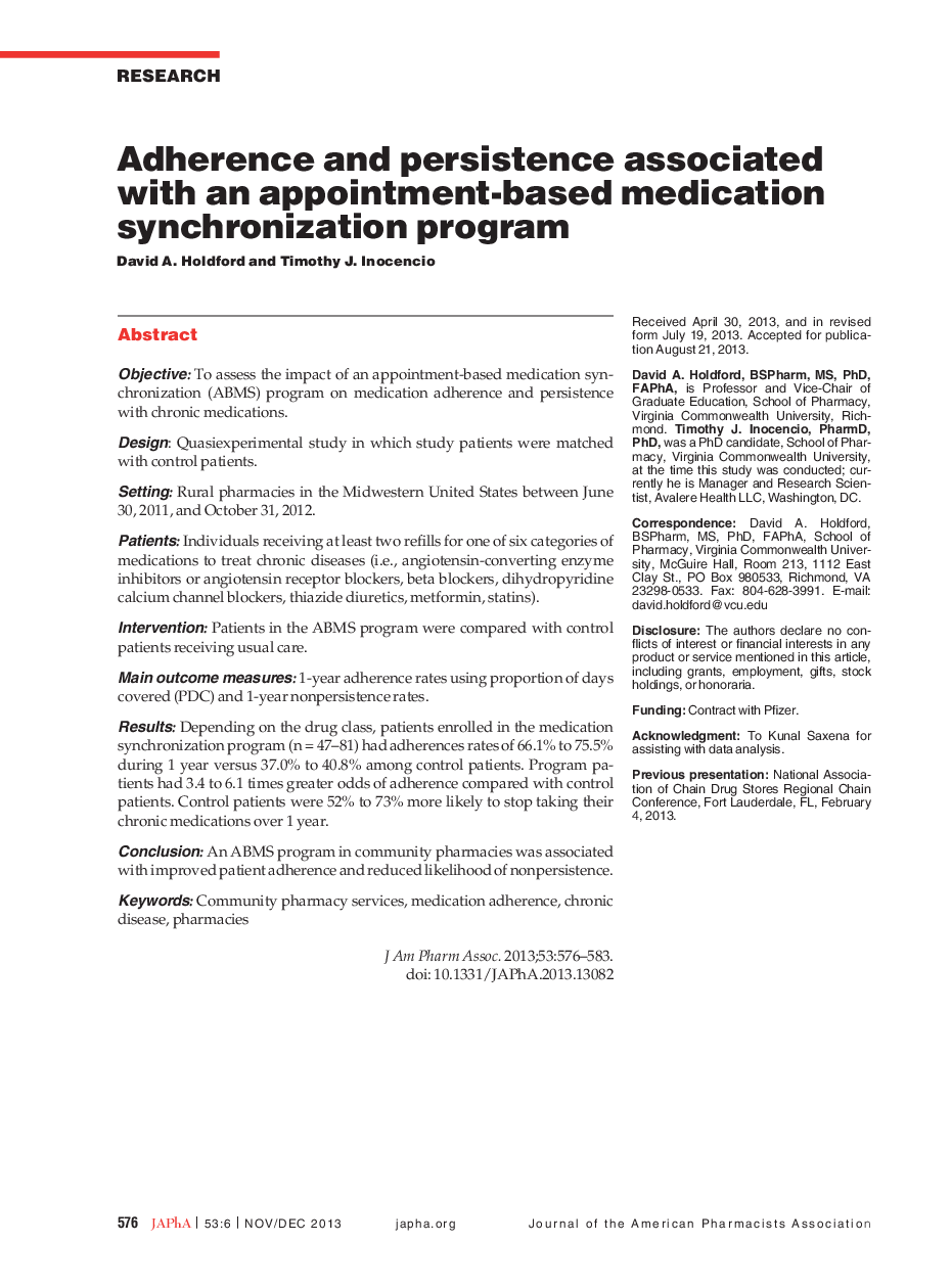 Adherence and persistence associated with an appointment-based medication synchronization program