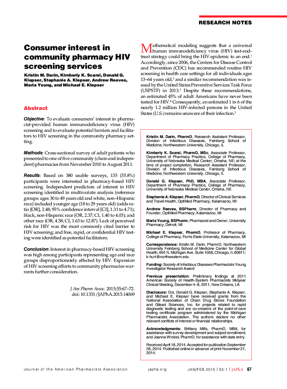 Consumer interest in community pharmacy HIV screening services