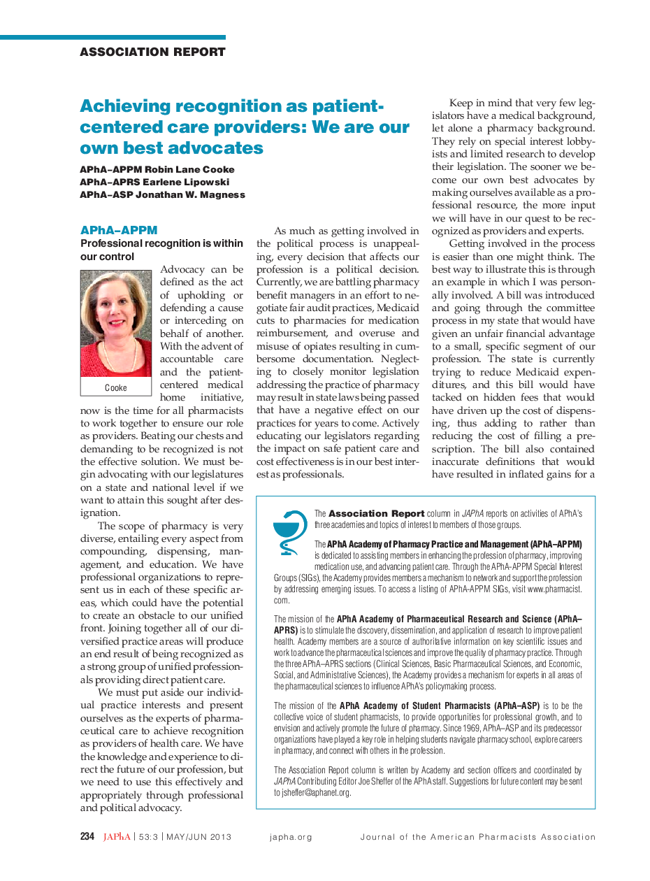 Achieving recognition as patient-centered care providers: We are our own best advocates