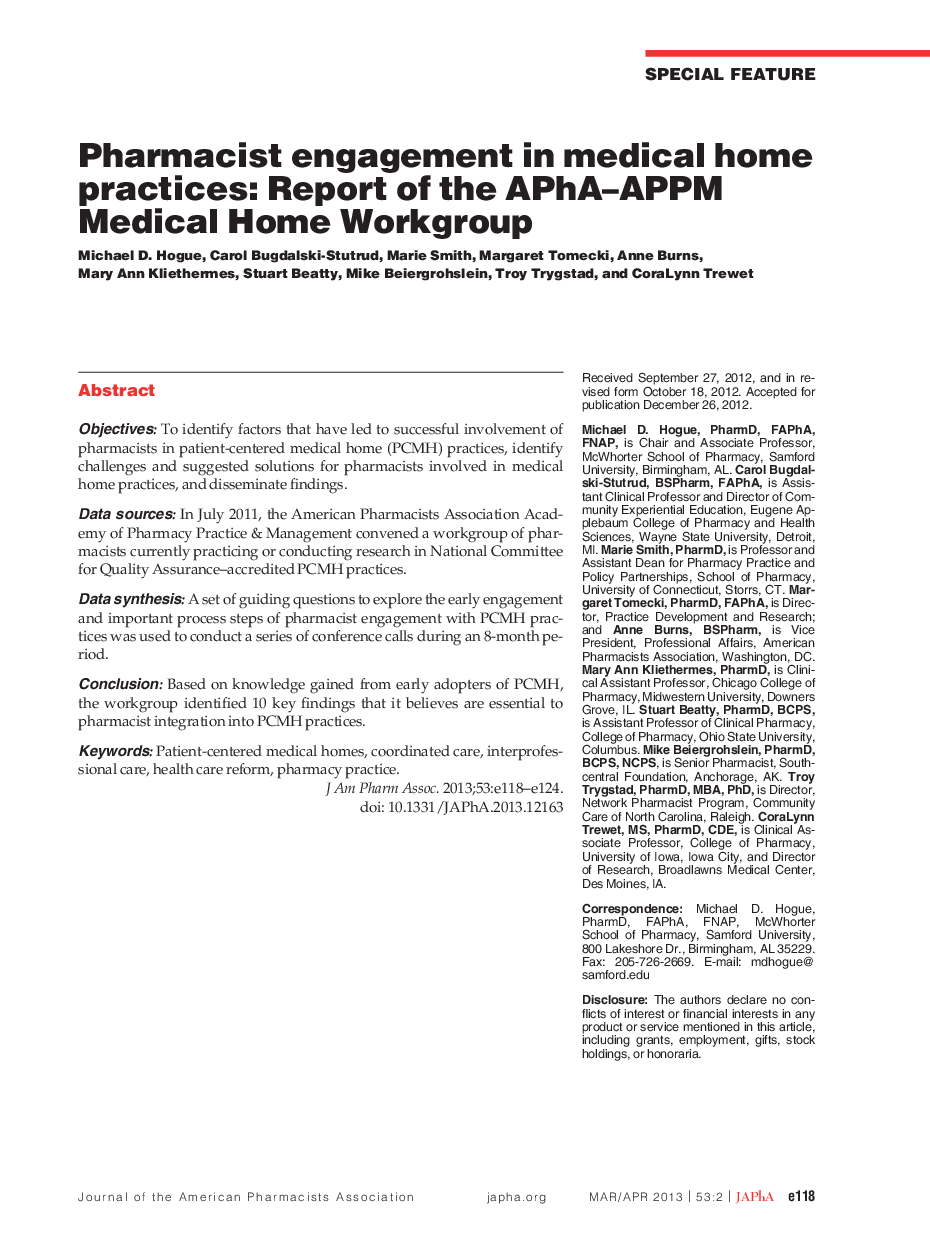 Pharmacist engagement in medical home practices: Report of the APhA-APPM Medical Home Workgroup