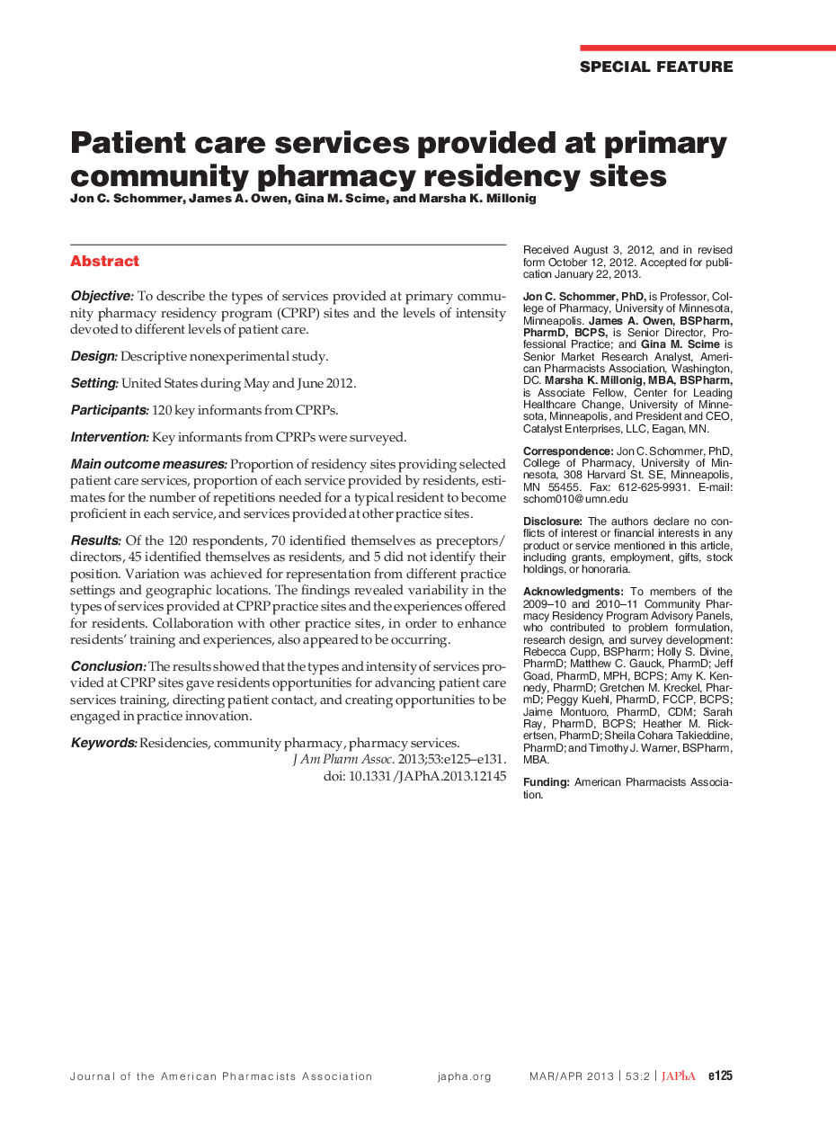 Patient care services provided at primary community pharmacy residency sites