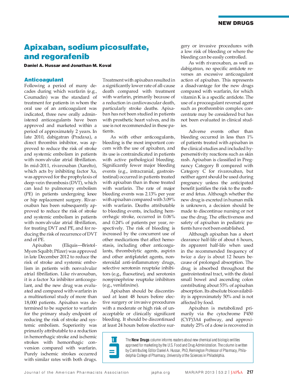 Apixaban, sodium picosulfate, and regorafenib